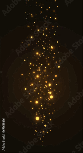 Vertical stream of golden glittering particles on black background.