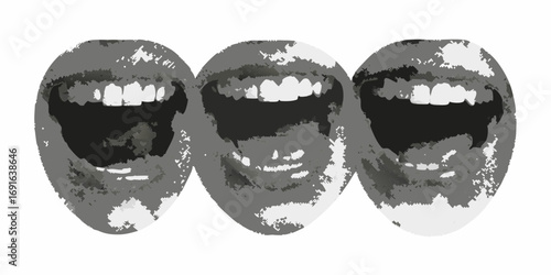 Three abstract grayscale mouths open wide showing teeth in a row against white background
