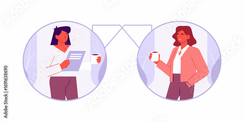 Two women in separate bubbles holding coffee cups and discussing documents and ideas
