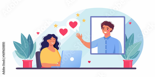 Woman on a video call with a man sending love and hearts through the screen