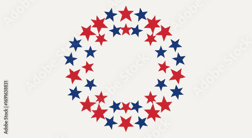 A circular arrangement of red and blue stars on a light background, resembling a wreath or a stylized Olympic symbol.