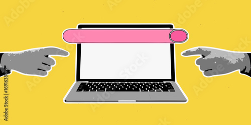 Two pointing hands direct attention to a blank laptop screen with a pink banner for text