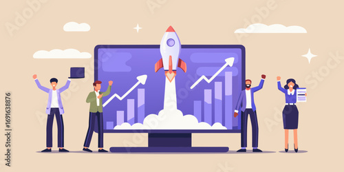 Successful business team celebrating a successful product launch with a rocket taking off from a computer screen