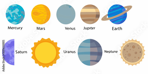 Collection of cartoon planets and the sun from our solar system with their names labeled