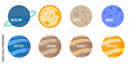 Collection of eight colorful cartoon planets of our solar system labeled with their names