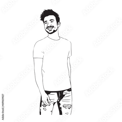 Handsome Man Black and White Illustration Vector Image Male Portrait Fashion Sketch Line Art Design	