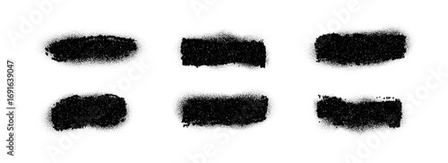 Black grainy paint brush shape set. Sprayed aerosol particles and dots banner collection. Rough noise stencil stains and spots bundle. Grunge dusty sand texture frame or border pack. Vector