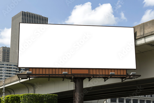 Blank outdoor billboard advertisement space on a sunny day with city buildings in the background