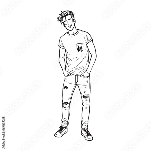 Handsome Man Black and White Illustration Vector Image Male Portrait Fashion Sketch Line Art Design	