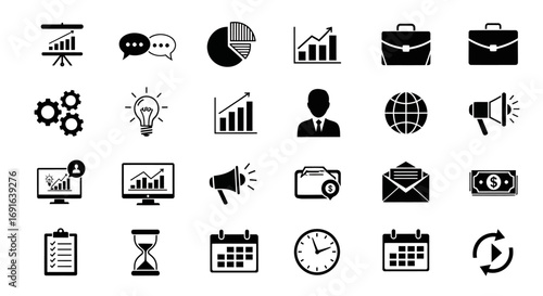 Set of black and white business icons, including graphs, charts, people, and more.