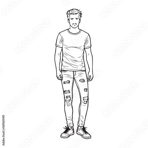 Handsome Man Black and White Illustration Vector Image Male Portrait Fashion Sketch Line Art Design	