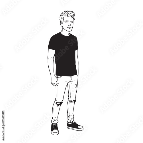 Handsome Man Black and White Illustration Vector Image Male Portrait Fashion Sketch Line Art Design	