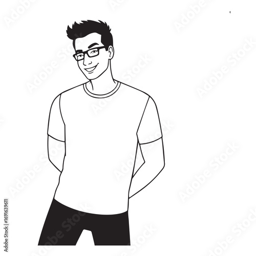 Handsome Man Black and White Illustration Vector Image Male Portrait Fashion Sketch Line Art Design	