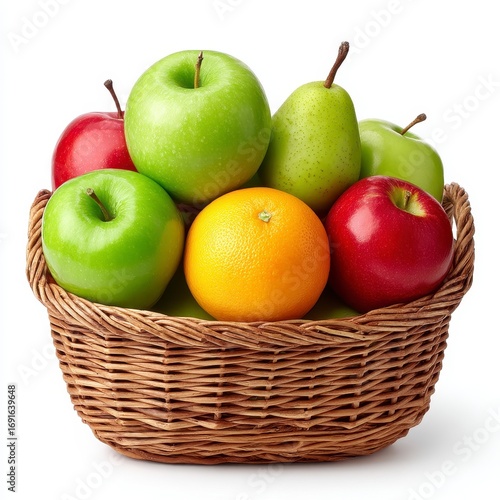 Fresh Fruit Basket Red and Green Apples, Pear, and Orange