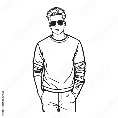 Handsome Man Black and White Illustration Vector Image Male Portrait Fashion Sketch Line Art Design	
