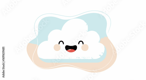 Adorable happy smiling cartoon cloud character with rosy cheeks, nestled in soft pastel blue and tan abstract shapes on a white background, evoking joy and gentleness, perfect for children's designs