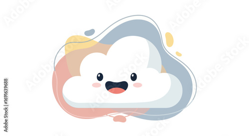 A cheerful, smiling cartoon cloud with a happy expression, set against a backdrop of abstract, colorful shapes and lines, evoking a sense of joy and lightness in a whimsical illustration