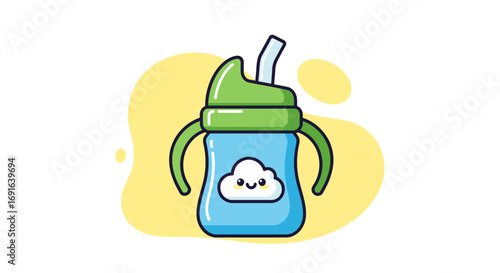 Cute cartoon sippy cup with a smiling cloud illustration on a yellow background, perfect for baby products and children's themes
