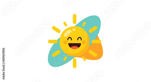 Happy sunshine character with a smile, rays of light emanating outwards, a friendly cartoon sun illustration with a bright, cheerful expression and a sense of joy