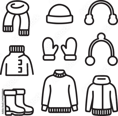 Hand-Drawn Winter Wear Icon Pack Scarves, Mittens, Gloves, Hats, Boots, Ear Muffs, and Cozy Fashion Items