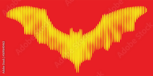 Bat in half tone style. Flying mouse with extended wings. Heraldry and coat of arms with a red background and a yellow silhouette. Vector icon