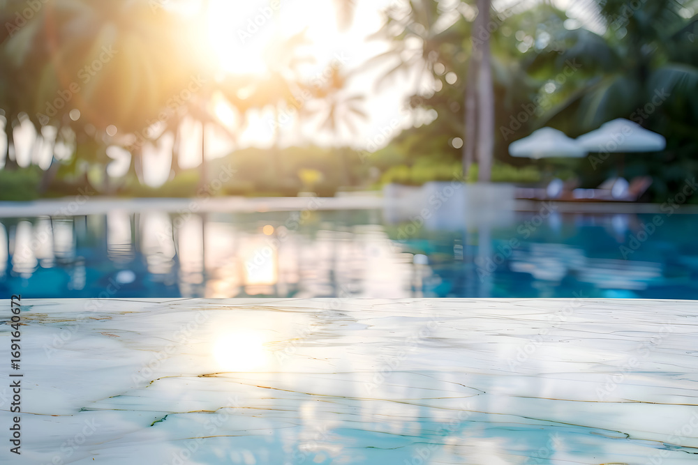 Fototapeta premium Empty white marble stone blurred tropical swimming pool background