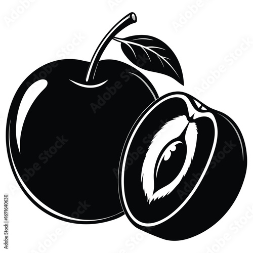 Striking Black and White Illustration of Two Plums One Whole and One Cut in Half with Leaves Attached