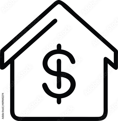 Simple line drawing of house with dollar sign inside, mortgage and real estate
