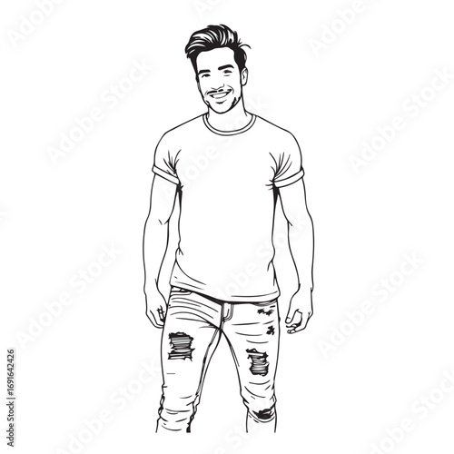 Handsome Man Black and White Illustration Vector Image Male Portrait Fashion Sketch Line Art Design	
