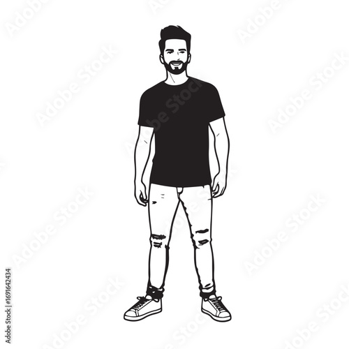 Handsome Man Black and White Illustration Vector Image Male Portrait Fashion Sketch Line Art Design	