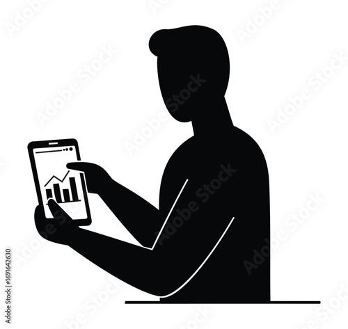 A person silhouette looking at data on tablet vector illustration representing business and technology