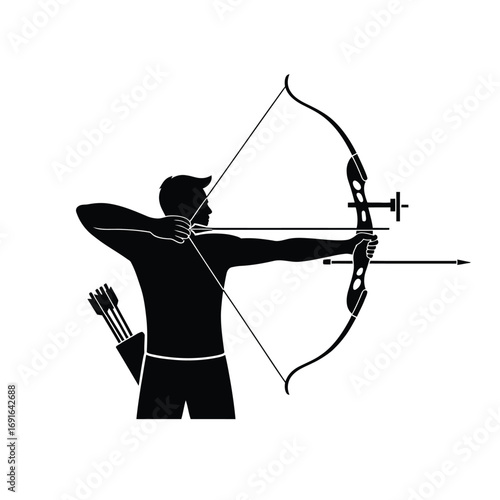Archer aiming bow and arrow with quiver archery
