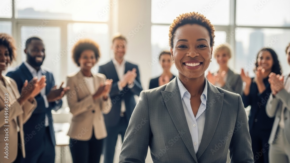 Obraz premium A group of diverse professionals applauding a woman in a suit, celebrating her achievement in a bright office.