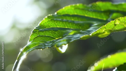 Water droplet falling from green leaf slow motion