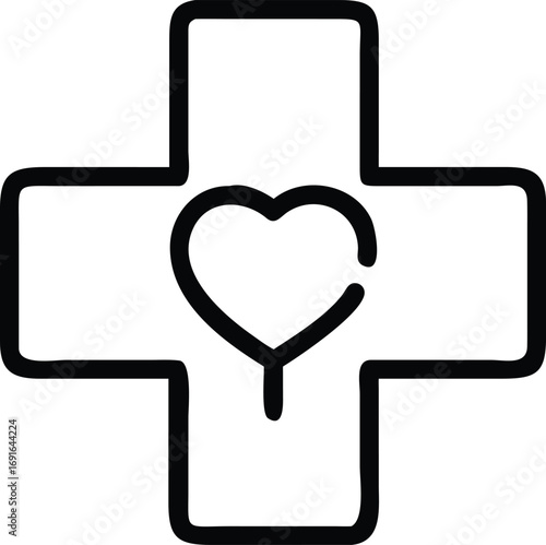 Simple medical cross outline with heart shape icon in the center