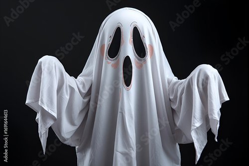 white cloth halloween ghost costume with scary expression and black eye holes on dark background