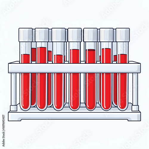 A laboratory rack holding multiple test tubes filled with red blood samples for medical analysis.