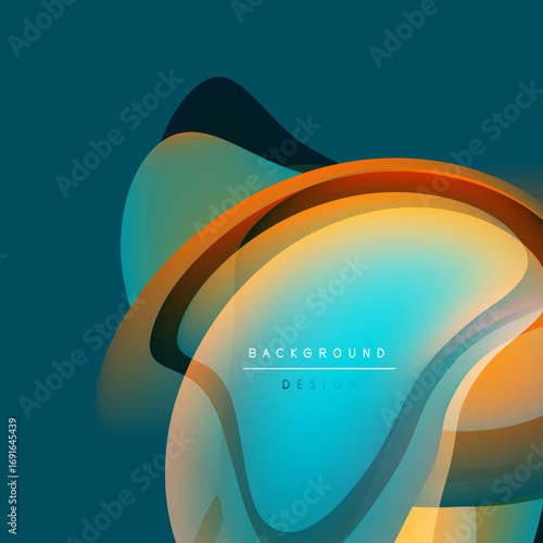 Abstract fluid shapes, vibrant colors blend. Modern design elements create dynamic visual impact. Teal background complements warm tones.