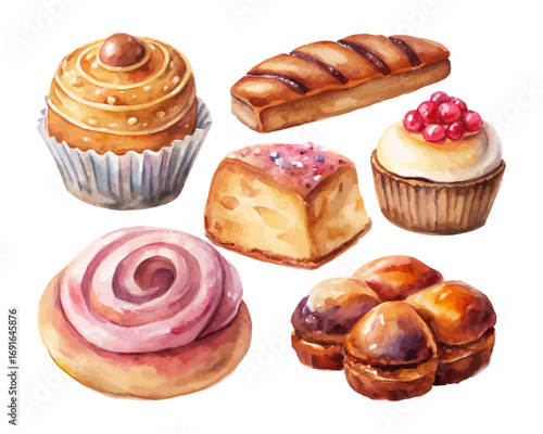 Bakery Watercolor Set with Bread, Pastries, and Cakes vector illustration