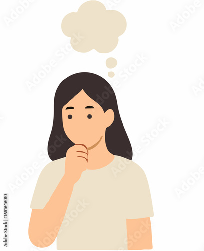 A woman contemplating with a thought bubble, illustrating a moment of reflection and pondering