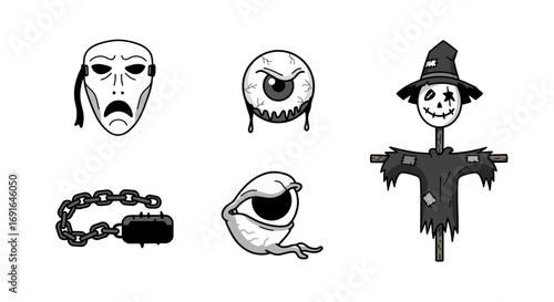 Halloween Icon Set – Spooky Eyeball, Ghost, and Bat Vector Graphics