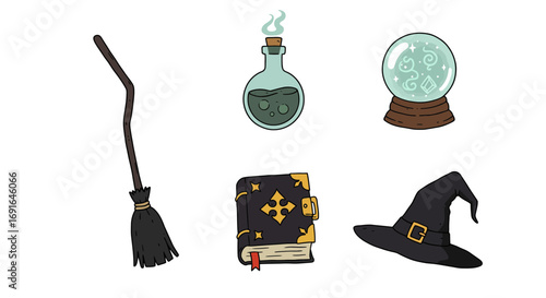 Halloween Icon Set – Magic Potion Bottles and Spooky Elixirs Vector Illustration