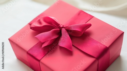 Red gift box with satin ribbon bow on white surface, highlighted by studio lighting for a festive touch.