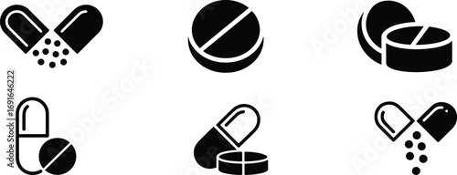 Set of medicine capsule and pill, vector illustration.