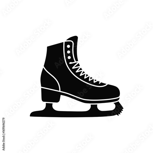 Black figure skate with white laces on white background ice skate