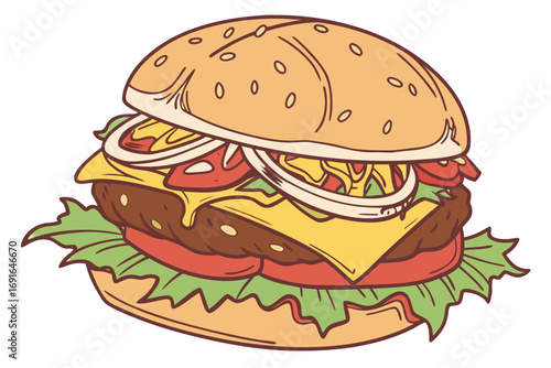Juicy cheeseburger with lettuce, tomato, and onion