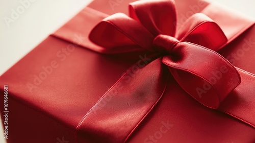 Red gift box with satin ribbon bow on white surface, highlighted by studio lighting for a festive touch.