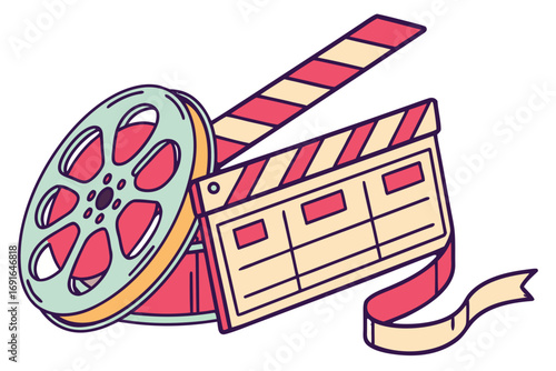 Film reel and clapperboard with ribbon