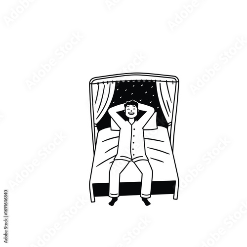 Vector art of man lying in bed with hands behind head, looking relaxed and happy