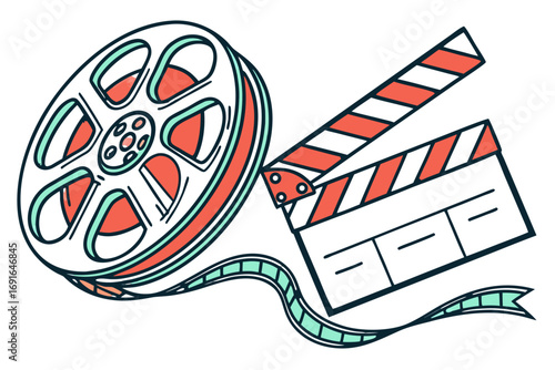 Film reel and clapperboard with ribbon